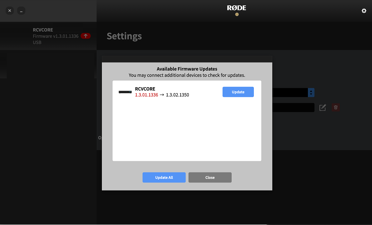 Окно доступных обновлений прошивки RODECaster Video Core