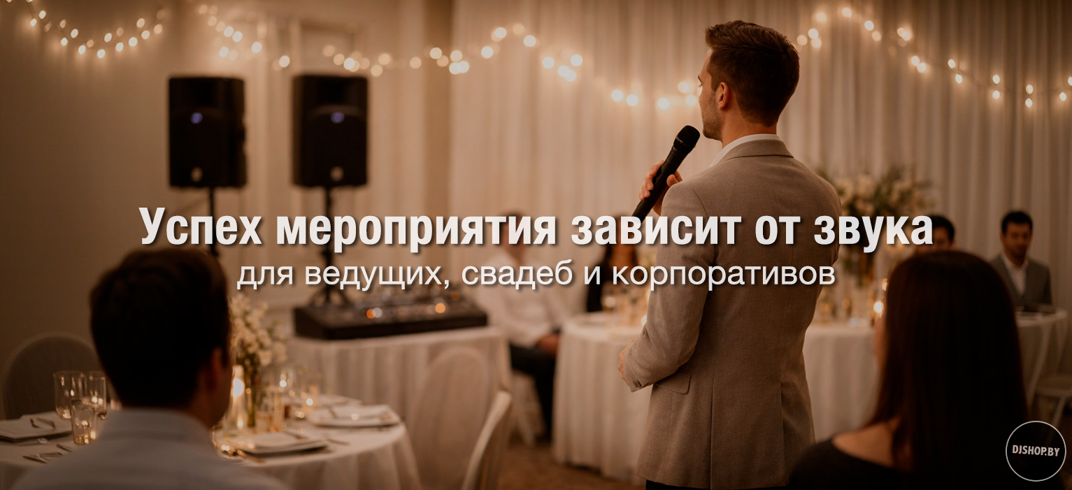 Звук для ведущего и небольших мероприятий: ведущий с микрофоном и две колонки на стойках