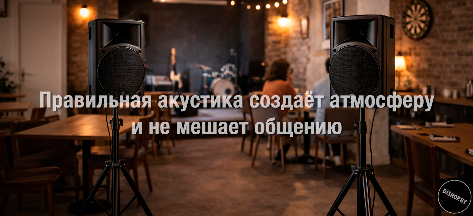 Для кафе и небольших залов оптимально использовать две колонки на умеренной громкости, чтобы музыка не мешала общению.