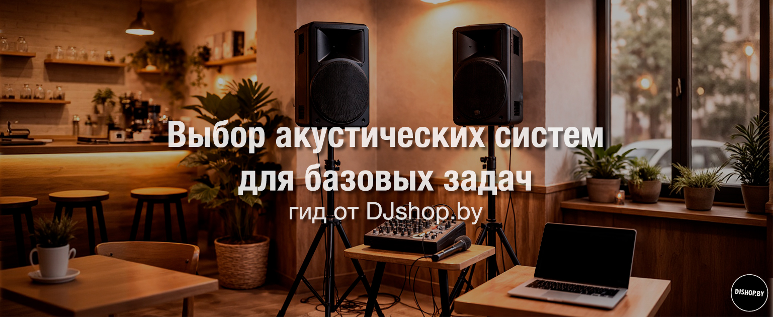 Две активные колонки на стойках, микшер и микрофон в интерьере кафе для подбора акустических систем под базовые задачи.