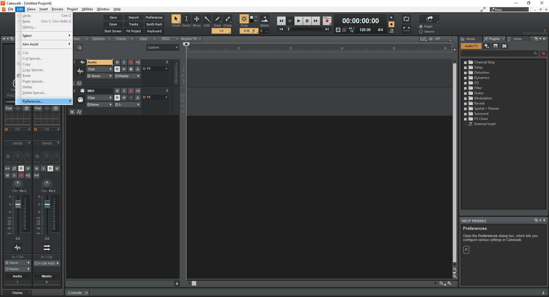 Меню Edit в Cakewalk с выбранным пунктом Preferences
