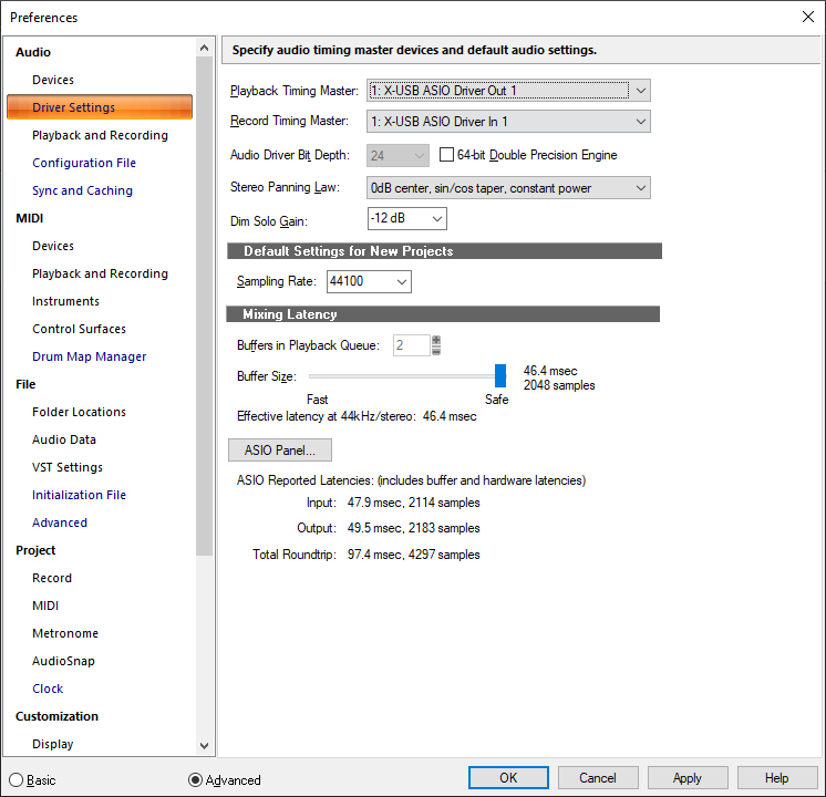 Раздел Driver Settings в Cakewalk с параметрами буфера и задержки