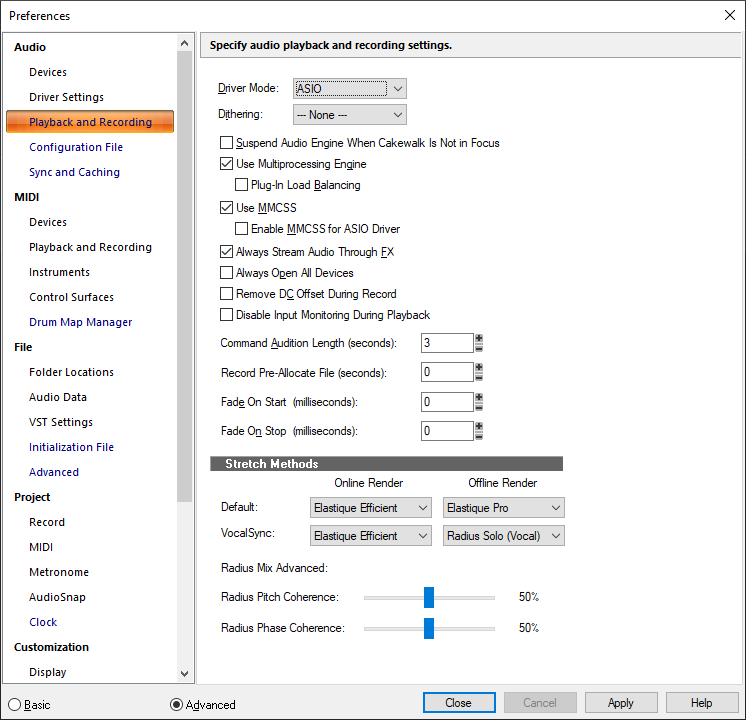 Раздел Playback and Recording в Cakewalk с выбранным режимом Driver Mode ASIO