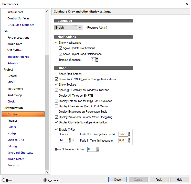Раздел Customization Display в Cakewalk с настройками отображения аудиоволны