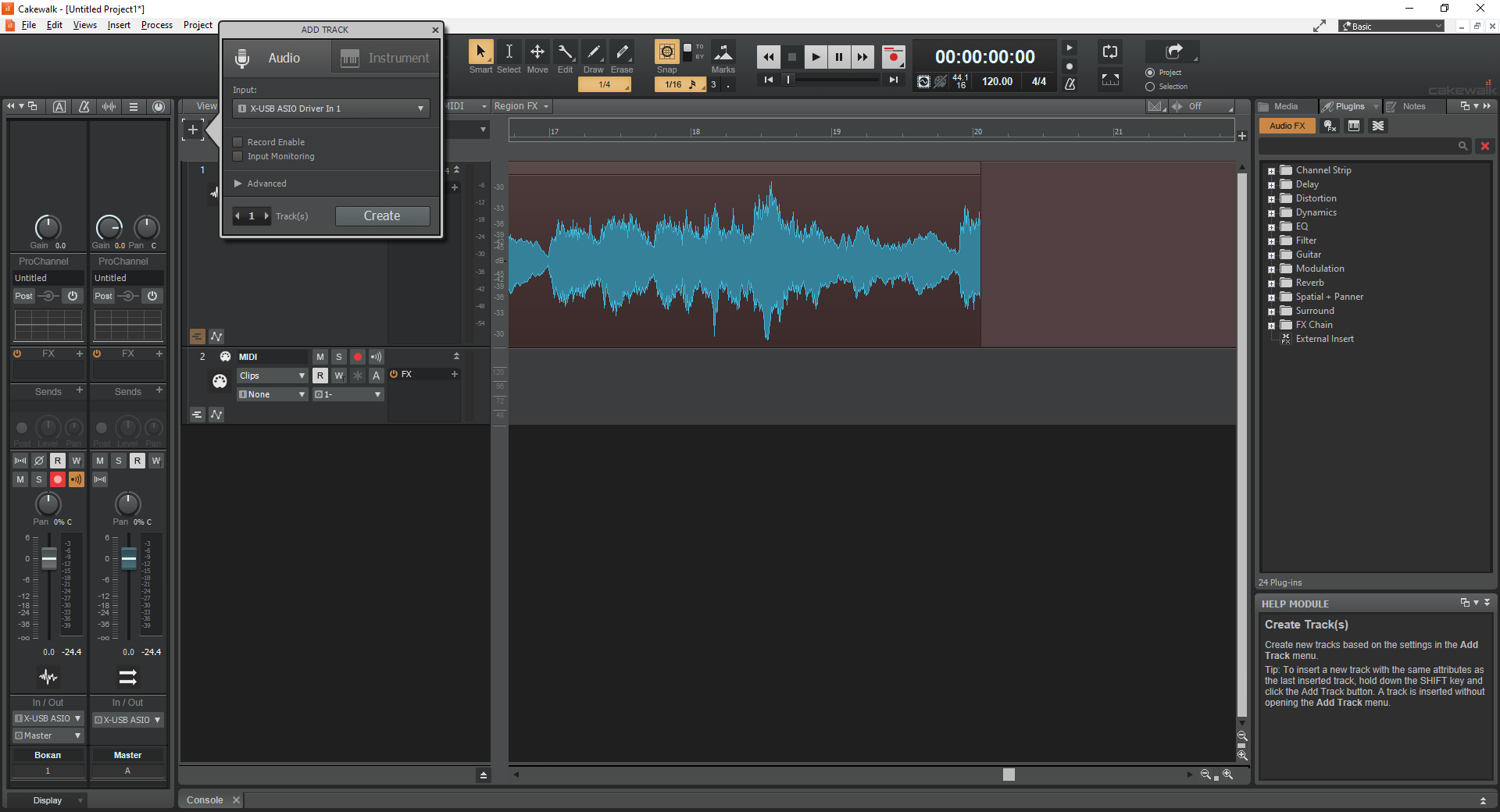 Окно Add Track в Cakewalk для создания аудиодорожки под гитару