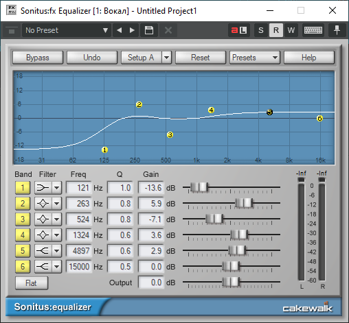 Окно Sonitus fx Equalizer в Cakewalk с базовой настройкой вокала