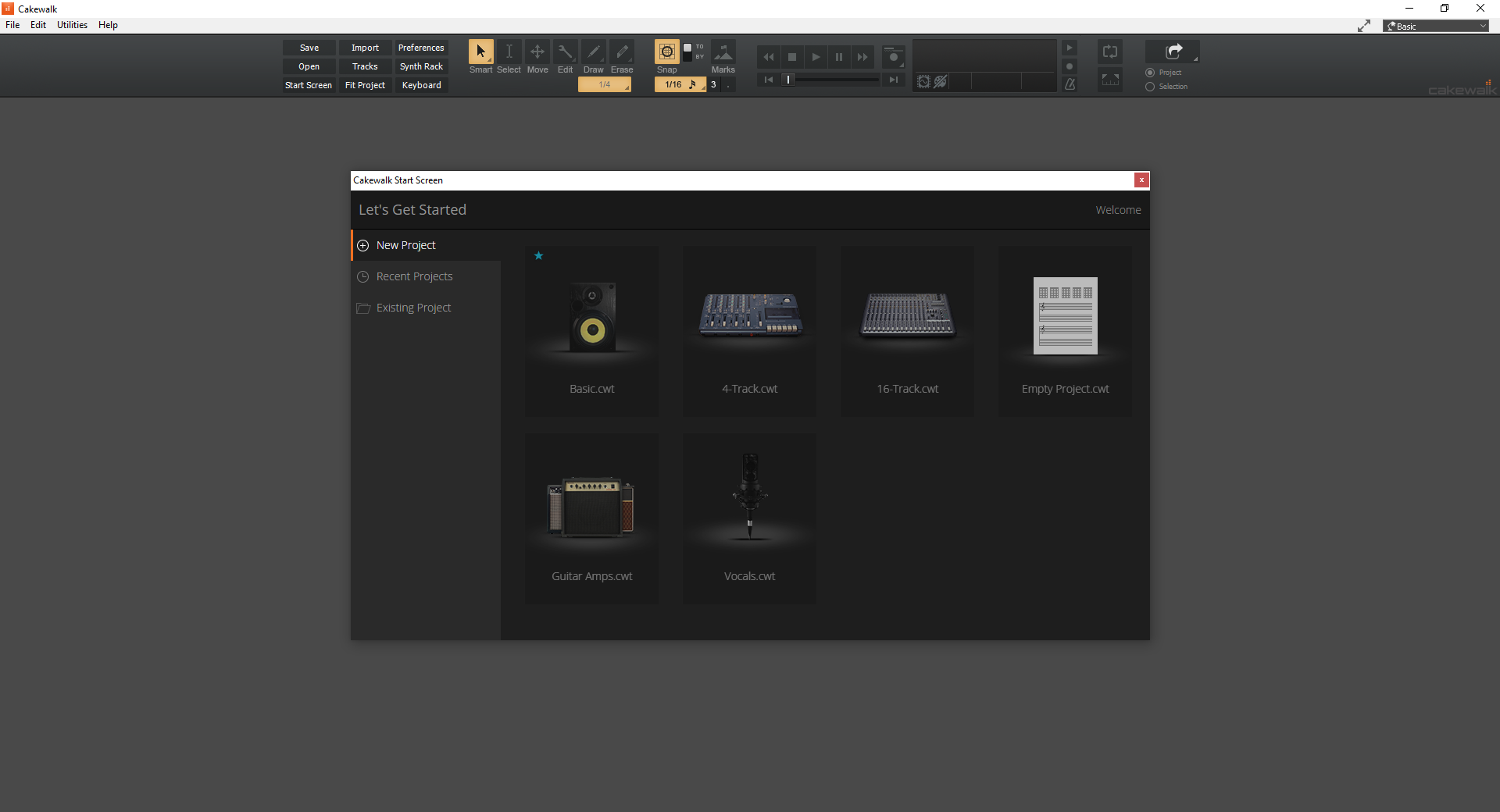 Окно Start Screen в Cakewalk с вкладкой New Project и списком шаблонов