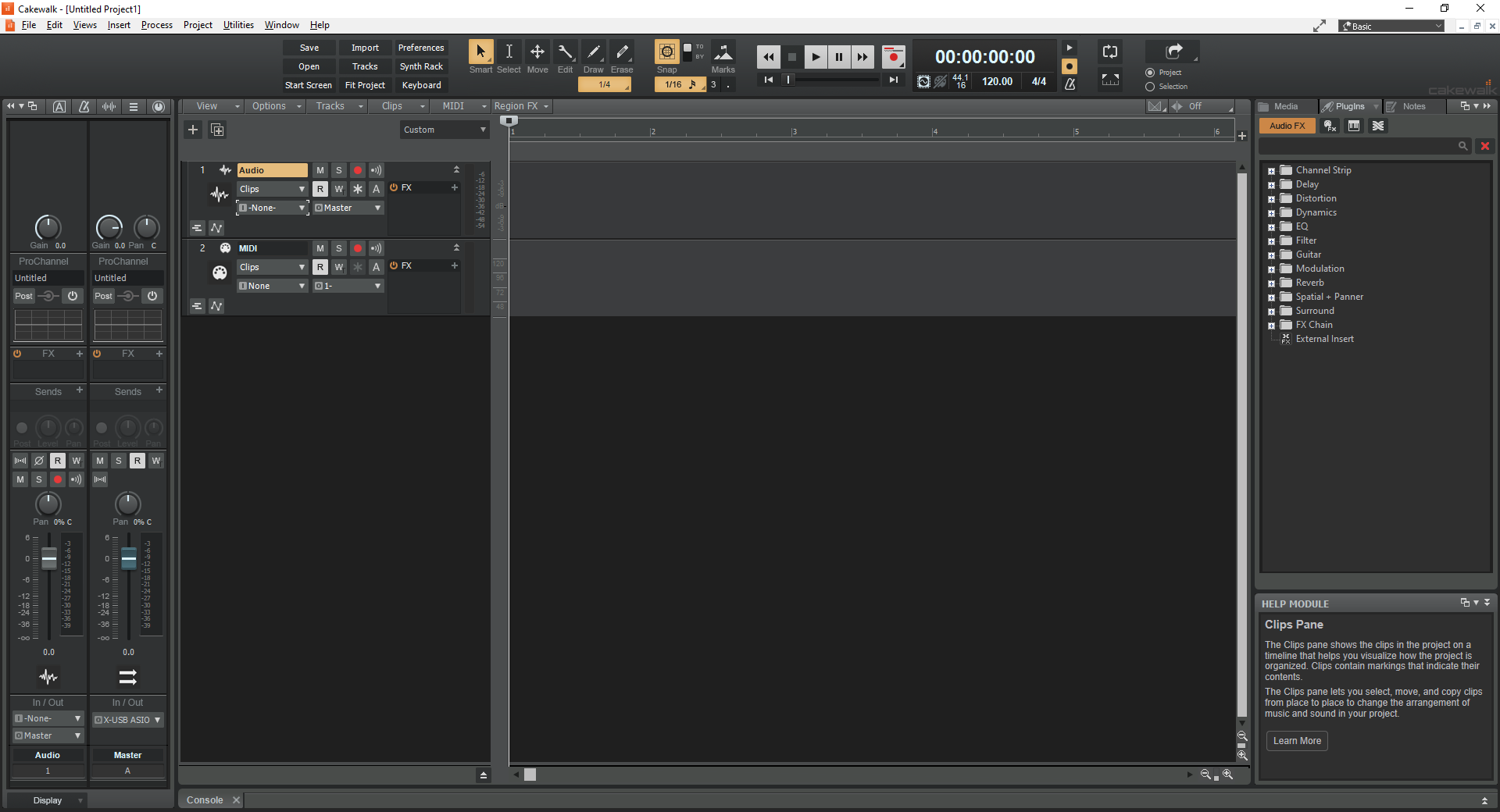 Главное окно Cakewalk с проектом на основе шаблона Basic