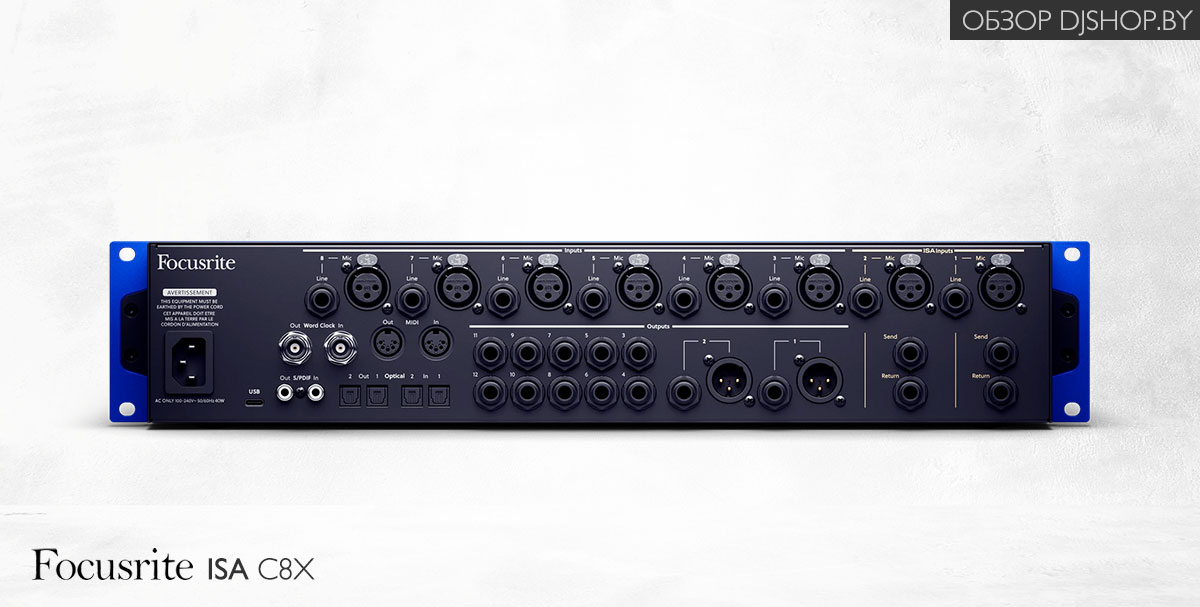 Задняя панель Focusrite ISA C8X с микрофонными входами, линейными входами, ADAT, S/PDIF, MIDI, Word Clock и выходами Задняя панель Focusrite ISA C8X с микрофонными входами, линейными входами, ADAT, S/PDIF, MIDI, Word Clock и выходами