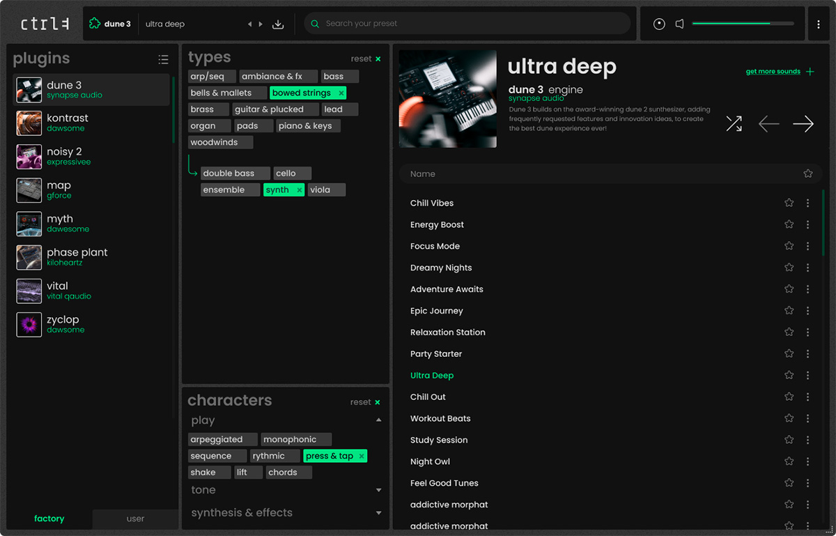 Интерфейс Ctrl-e с браузером пресетов и фильтрами для Expressive E Osmose CE Интерфейс Ctrl-e с браузером пресетов и фильтрами для Expressive E Osmose CE